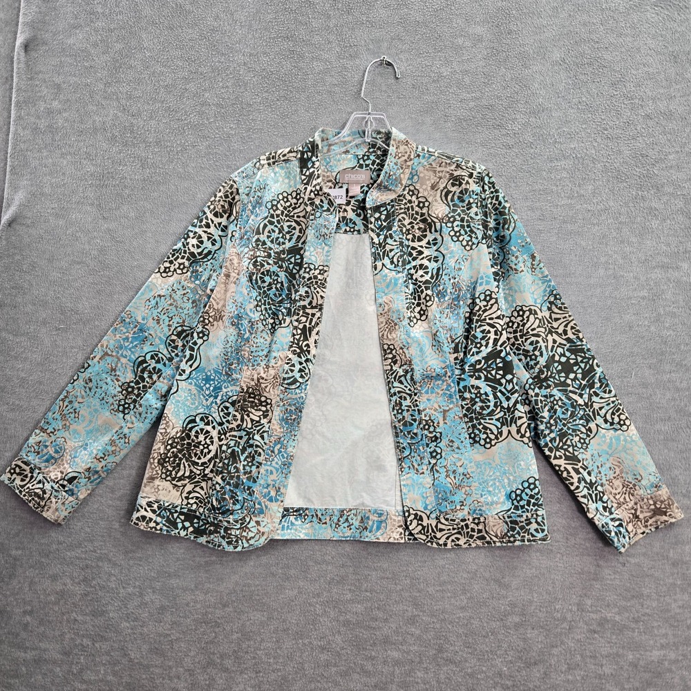 Chico's Women Jacket 1 Blue Tie Dye Geometric Open Front Long Sleeve Casual